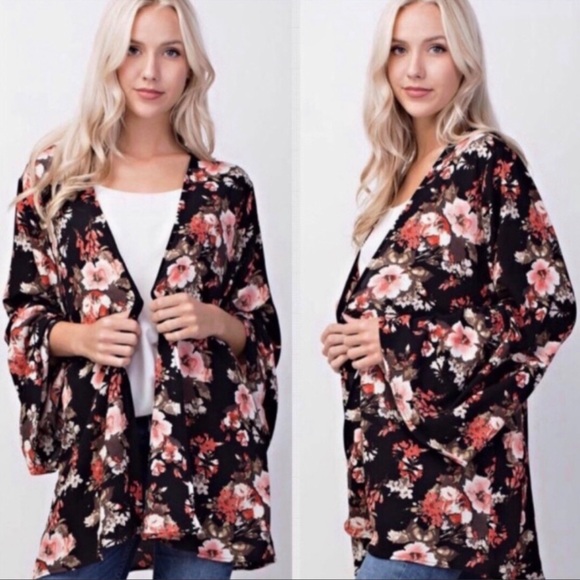 mittoshop Jackets & Blazers - Floral Open-Front Women’s Kimono- Black with Pink Floral